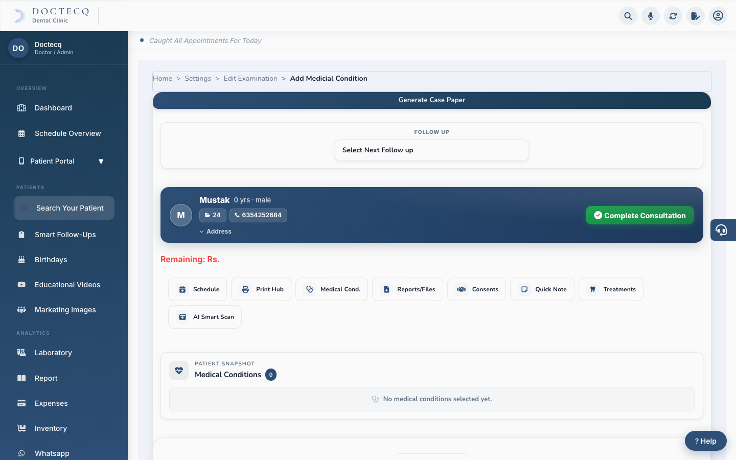 The patient examination screen.