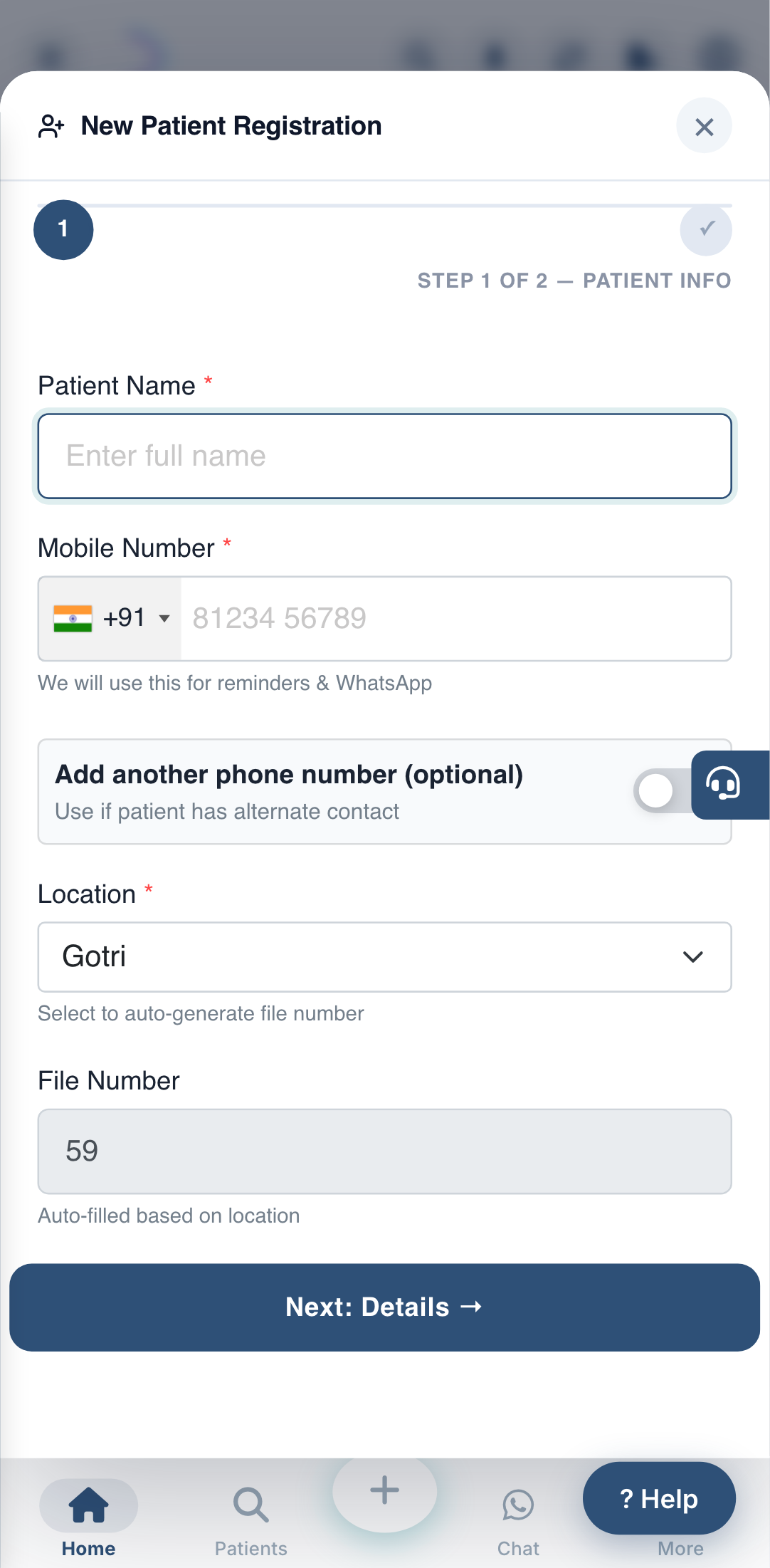 The New Patient registration form (from the New Patient button).
