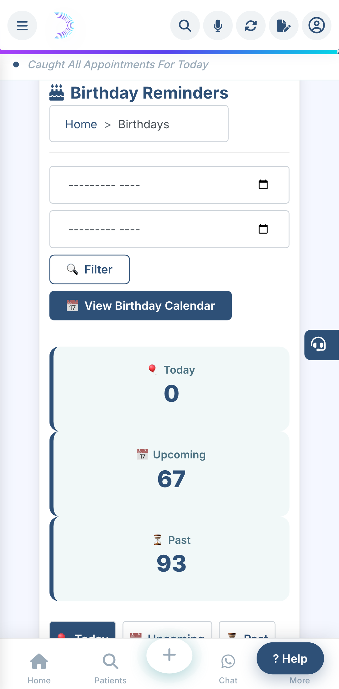 The Birthdays screen.