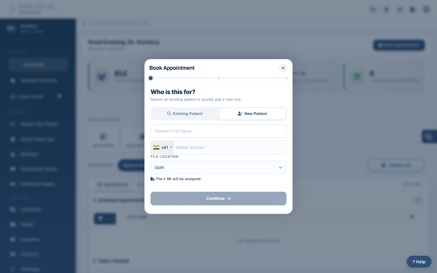 Registering a new patient from the Book Appointment window.