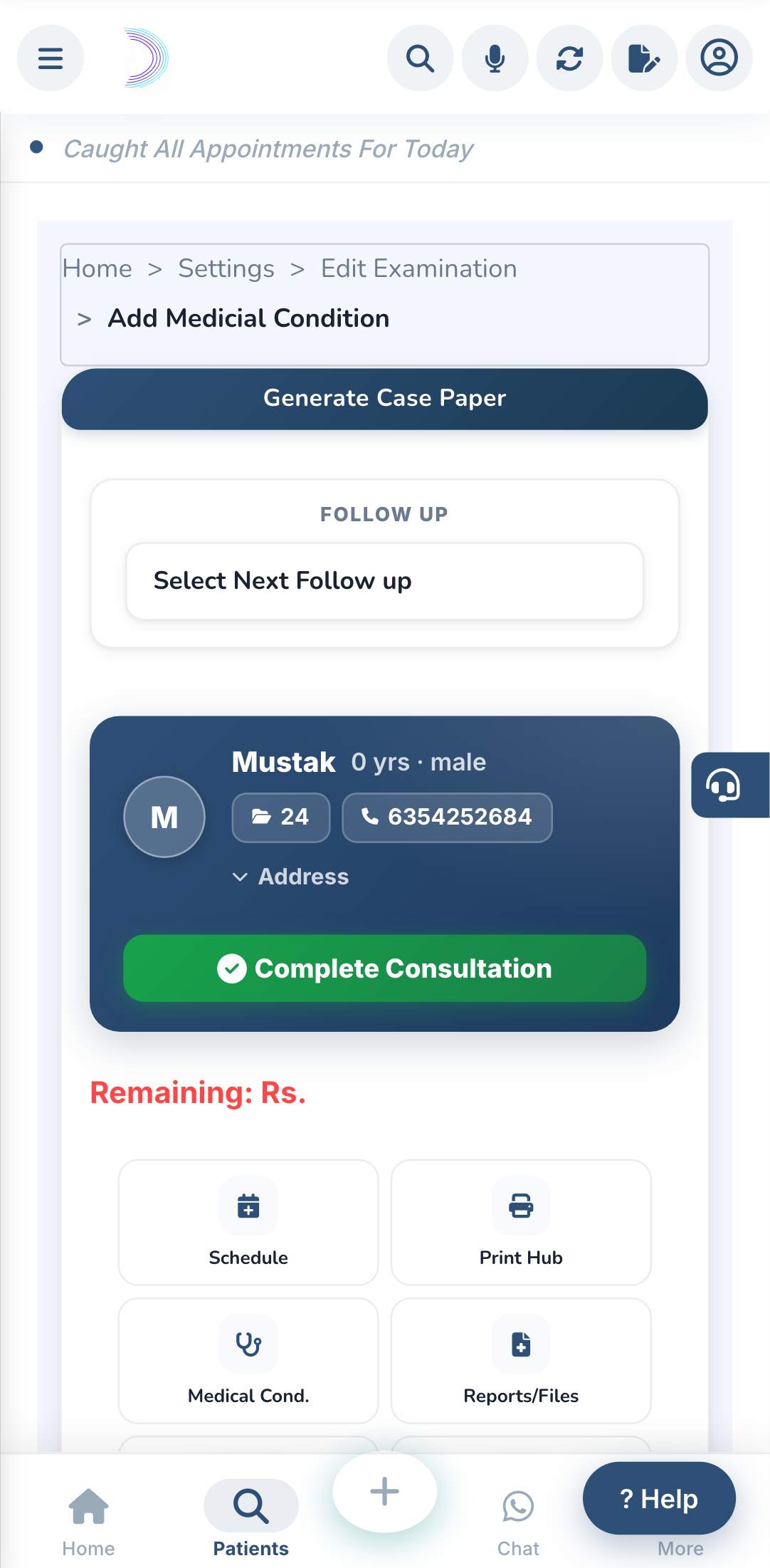 The patient examination screen.