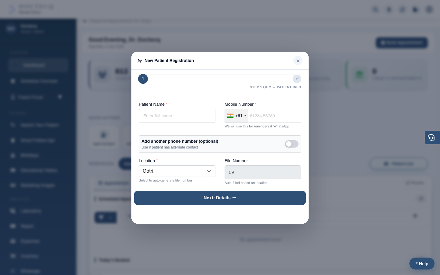 The New Patient registration form (from the New Patient button).